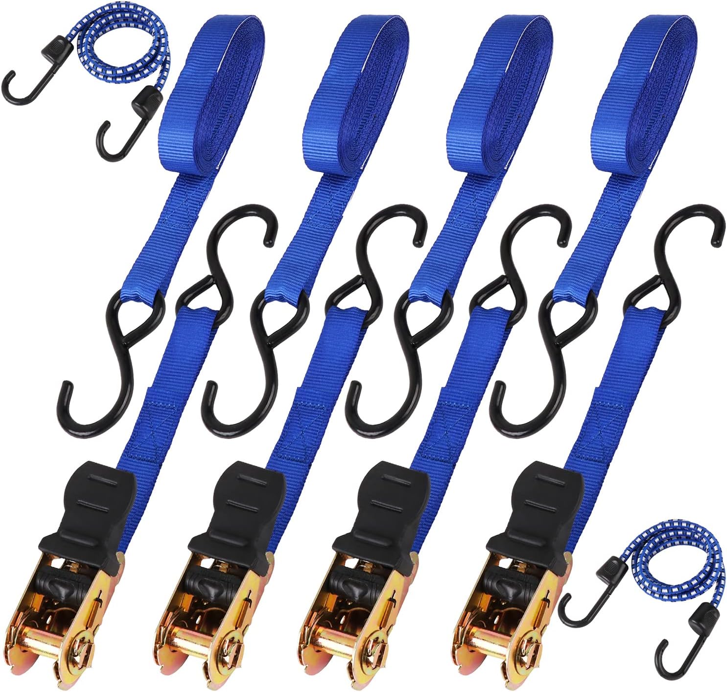 HORUSDY Ratchet Straps, 2,200 LB Break Strength, 4-Pack 15FT Ratchet Tie Down Straps Set w/ 2 Bungee Cords