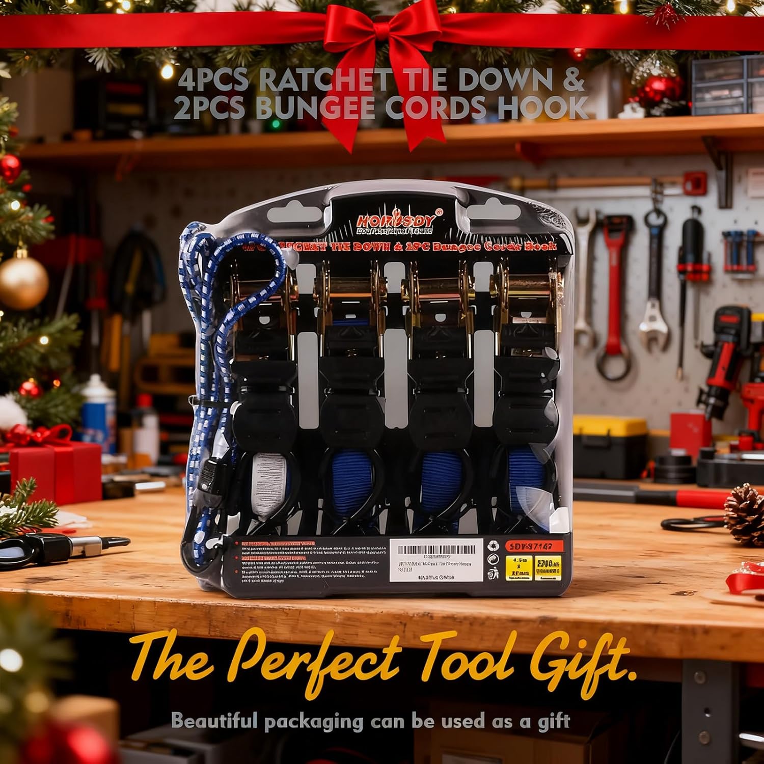 HORUSDY Ratchet Straps, 2,200 LB Break Strength, 4-Pack 15FT Ratchet Tie Down Straps Set w/ 2 Bungee Cords