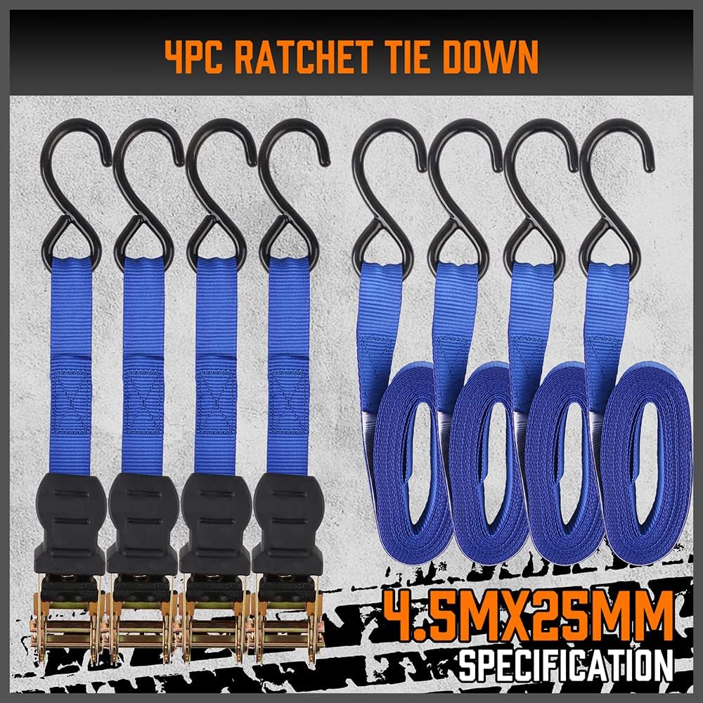 HORUSDY Ratchet Straps, 2,200 LB Break Strength, 4-Pack 15FT Ratchet Tie Down Straps Set w/ 2 Bungee Cords