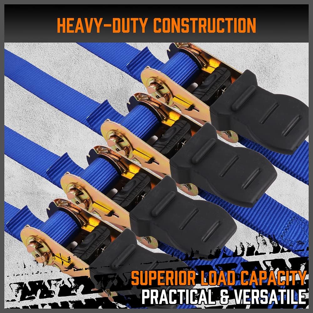 HORUSDY Ratchet Straps, 2,200 LB Break Strength, 4-Pack 15FT Ratchet Tie Down Straps Set w/ 2 Bungee Cords