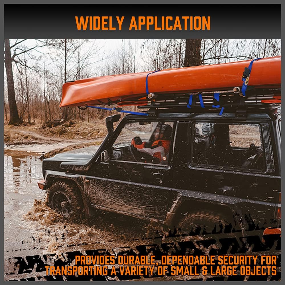 HORUSDY Ratchet Straps, 2,200 LB Break Strength, 4-Pack 15FT Ratchet Tie Down Straps Set w/ 2 Bungee Cords